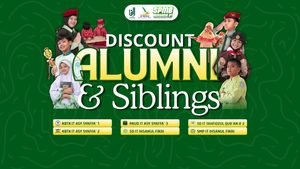 Brosur pendaftaran SPMB Yayasan Ihsanul Fikri dengan informasi diskon alumni dan siblings.
