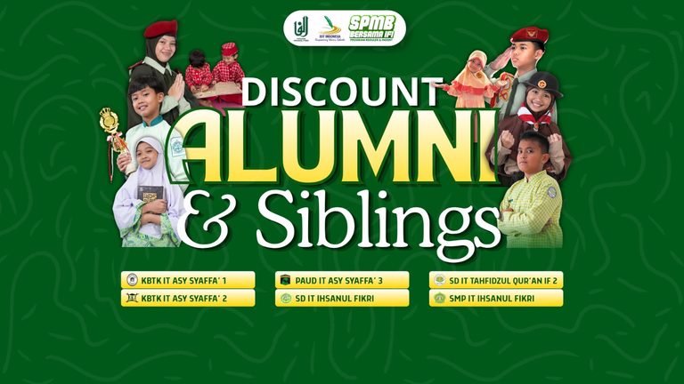Brosur pendaftaran SPMB Yayasan Ihsanul Fikri dengan informasi diskon alumni dan siblings.